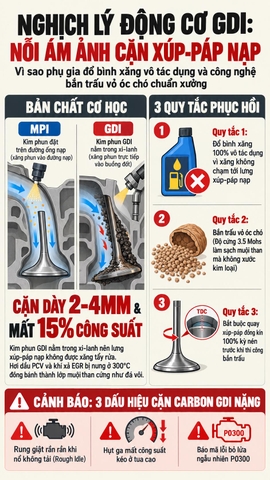 ĐỘNG CƠ GDI ĐÓNG CẶN XÚP-PÁP NẠP: VÌ SAO ĐỔ BÌNH XĂNG VÔ TÁC DỤNG VÀ GIẢI PHÁP BẮN TRẤU WALNUT BLASTING