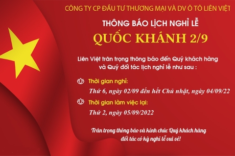 THÔNG BÁO LỊCH NGHỈ LỄ 2/9/2022
