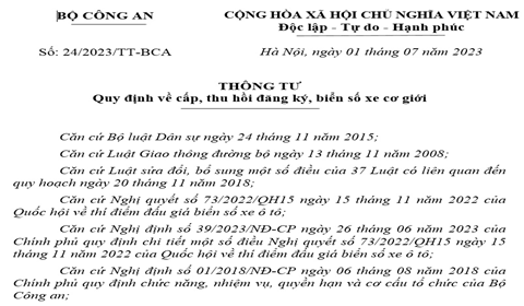 Điểm mới Thông tư 24/2023/TT-BCA về đăng ký xe và cấp biển số xe