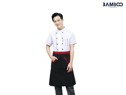 Áo bếp trắng hai hàng khuy phối viền màu