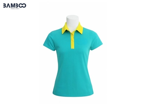 Áo thun đồng phục công sở xanh da trời cổ vàng đất