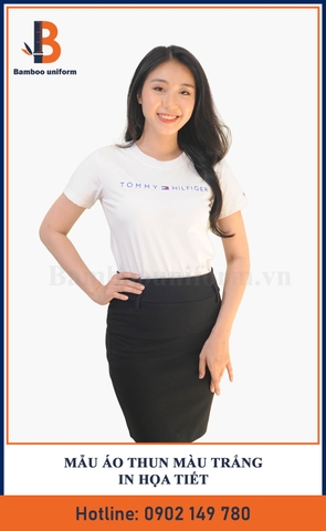 Mẫu áo Thun Cổ Tròn Màu Trắng In Họa Tiết  - Bamboo Uniform