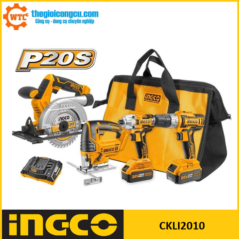 Bộ máy khoan, siết vít, cưa đĩa và máy cưa lọng dùng pin 20V Ingco CKLI2010