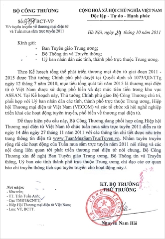 Công văn số 9797/BCT-VP về việc Tuyên truyền về TMĐT và Tuần mua sắm trực tuyến 2011