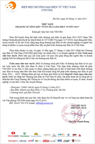 Mời các hội viên VECOM tham dự Lễ tổng kết Tuần mua sắm trực tuyến 2011