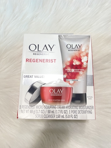 OLAY - REGENERIST GREAT VALUE MICRO-SCULPTING CREAM , SCRUB CLEANSER (SET 1 KEM DƯỠNG DA 48G, 1 SỮA RỬA MẶT TẨY TẾ BÀO CHẾT 150ml)