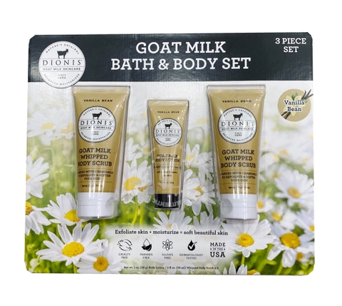 DIONIS GOAT MILK SKINCARE - GOAT MILK BATH & BODY SET VANILLA BEAN (SET DƯỠNG DA SỮA DÊ HƯƠNG VANILLA 2x59ml, 1x28G)