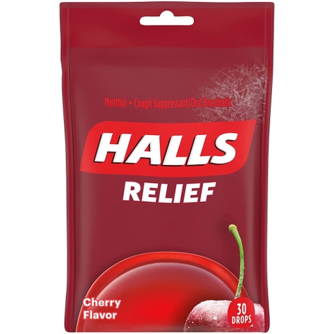 HALLS - RELIEF RELIEVES COUGHS & SOOTHES SORE THROATS (KẸO HO CHERRY 30 VIÊN)