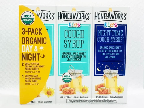 HONEYWORKS KIDS - COUGH SYRUP ORGANIC DARK HONEY (SET SIRO HO BÉ 2x118ml BAN NGÀY, 1x118ml BAN ĐÊM)