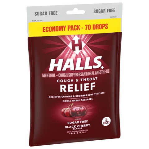 HALLS - COUGH & THROAT RELIEF BLACK CHERRY FLAVOR (KẸO HO VỊ CHERRY ĐEN 70 VIÊN)