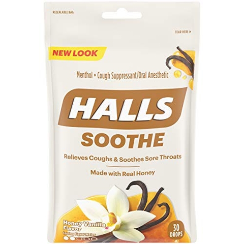 HALLS - SOOTHE RELIEVES COUGHS & SOOTHES SORE THROATS (KẸO HO MẬT ONG,VANILLA 30 VIÊN)