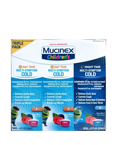 MUCINEX CHILDREN’S - MULTI-SYMPTOM COLD (SET SIRO CẢM CHO BÉ 2 NGÀY 2x118ml 4+ , 1 ĐÊM 1x354ml 6+)
