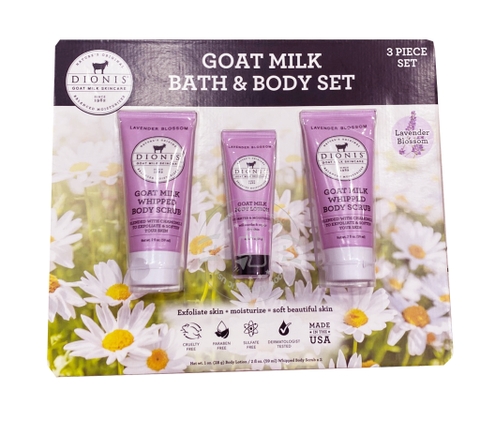 DIONIS GOAT MILK SKINCARE - GOAT MILK BATH & BODY SET LAVENDER BLOSSOM (SET DƯỠNG SỮA DÊ HƯƠNG LAVENDER 2x59ml, 1x28G)