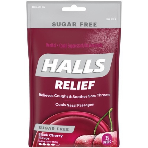 HALLS - RELIEF RELIEVES COUGHS & SOOTHES SORE THROATS (KẸO HO CHERRY ĐEN 25 VIÊN)
