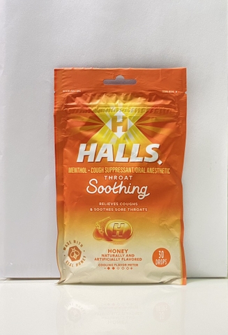 HALLS - SOOTHE RELIEVES COUGHS & SOOTHES SORE THROATS (KẸO HO MẬT ONG THẬT 30 VIÊN)