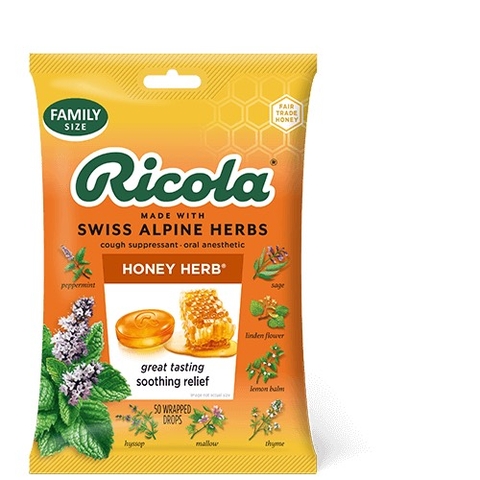 RICOLA - HONEY HERB GREAT TASTING SOOTHING RELIEF (KẸO HO MẬT ONG 50 VIÊN)