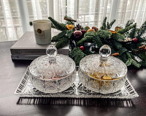 Set khay, thố đựng mứt Bohemia