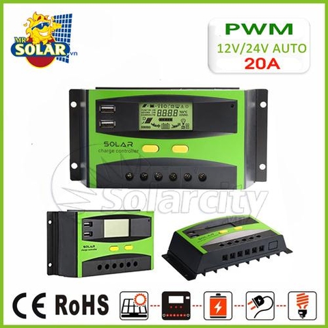 Điều khiển sạc pin mặt trời PWM 20A LCD + hiển thị Ampe