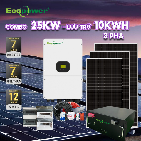 Hệ thống điện mặt trời hòa lưới 3 pha 25KW có lưu trữ 10KWH tự lắp
