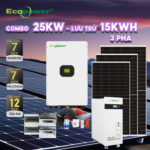 Hệ thống điện mặt trời hòa lưới 3 pha 25KW có lưu trữ 15KWH tự lắp