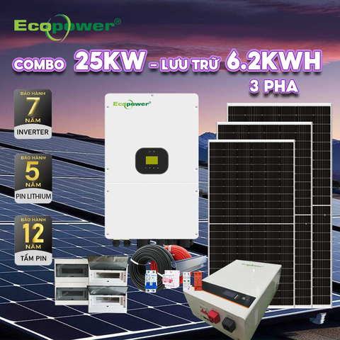 Hệ thống điện mặt trời hòa lưới 3 pha 25KW có lưu trữ 6.2KWH tự lắp