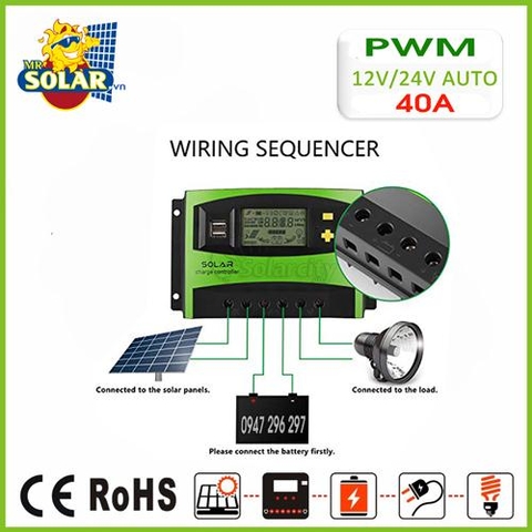 Điều khiển sạc pin mặt trời PWM 40A LCD + hiển thị Ampe