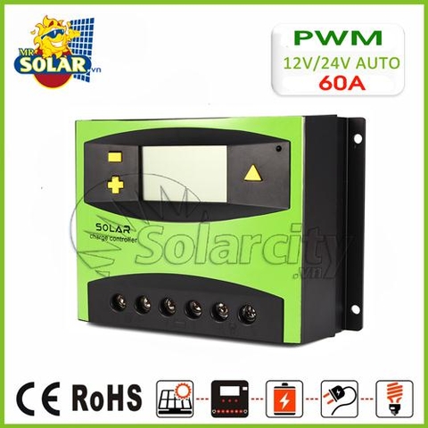 Điều khiển sạc pin mặt trời PWM 60A LCD + hiển thị Ampe