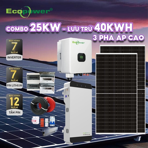 Hệ thống điện năng lượng mặt trời hòa lưới 25KWP 3 pha - lưu trữ 40KWH áp cao