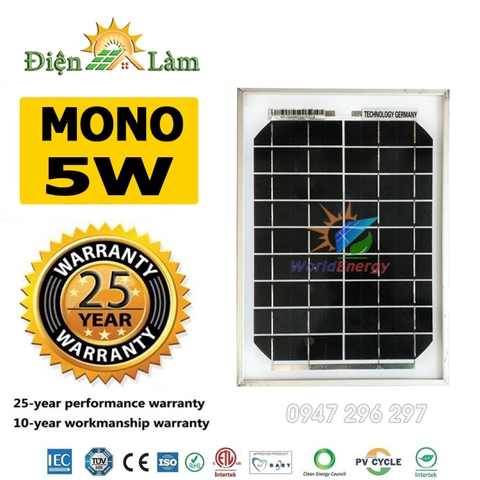 Tấm pin mặt trời Mono 5W - 6V WorldEnergy