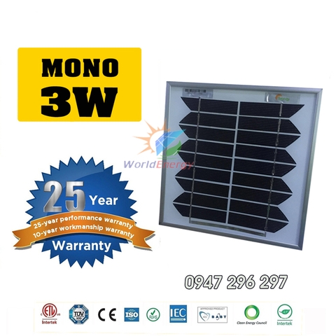 Tấm pin mặt trời mono 3W - 6V WorldEnergy