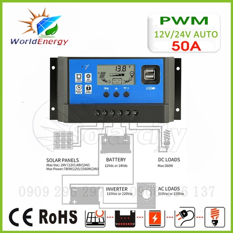 Bộ điều khiển sạc PWM 50A LCD (Solar Charge Controller)