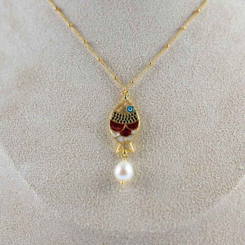 Dây chuyền với mắt xích đính hạt, charm treo hạt ngọc rice