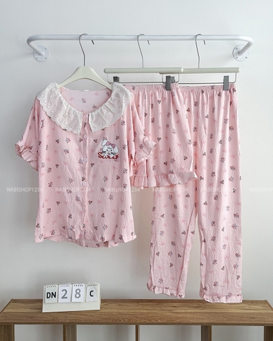 Đồ Ngủ Số 28-C Cổ Ren Thêu Thỏ 3 Món