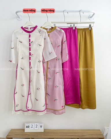 Áo Dài Số 22-U Cúc Dọc Thêu Hoa