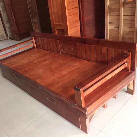 Giường gấp thành ghế 2  ngăn kéo gỗ quế 1m6x2m
