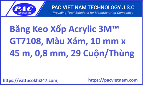 Băng Keo Xốp Acrylic 3M™ GT7108, Màu Xám, 10 mm x 45 m, 0,8 mm, 29 Cuộn/Thùng