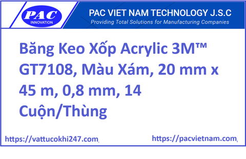 Băng Keo Xốp Acrylic 3M™ GT7108, Màu Xám, 20 mm x 45 m, 0,8 mm, 14 Cuộn/Thùng