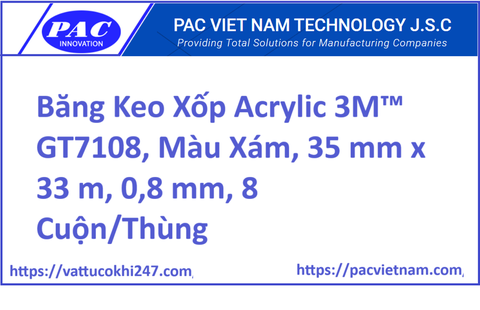Băng Keo Xốp Acrylic 3M™ GT7108, Màu Xám, 35 mm x 33 m, 0,8 mm, 8 Cuộn/Thùng
