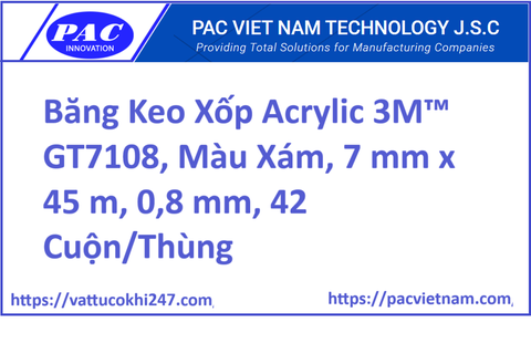 Băng Keo Xốp Acrylic 3M™ GT7108, Màu Xám, 7 mm x 45 m, 0,8 mm, 42 Cuộn/Thùng