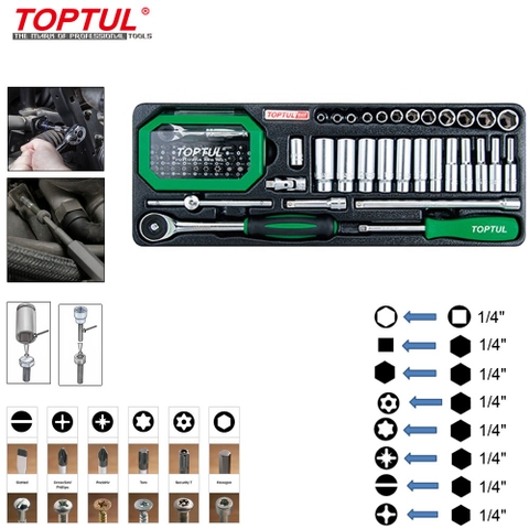 Bộ đầu tuýp và đầu vặn vít 1/4" Dr. Toptul GCAT6601 66 chi tiết