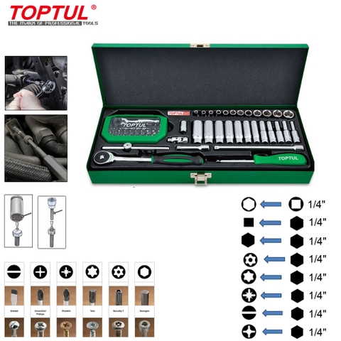 Bộ đầu tuýp và đầu vặn vít 1/4" Dr. Toptul GCAD6601 66 chi tiết