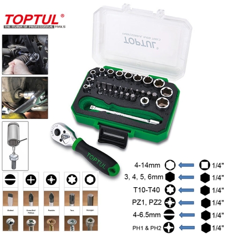 Bộ đầu tuýp và đầu vặn vít 33 cái 1/4" Dr. Toptul GABW3301