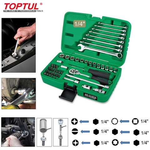 Bộ tuýp 6 cạnh, Đầu vít, cờ lê vòng miệng 1/4" Toptul Dr. GCAI4901 49 chi tiết