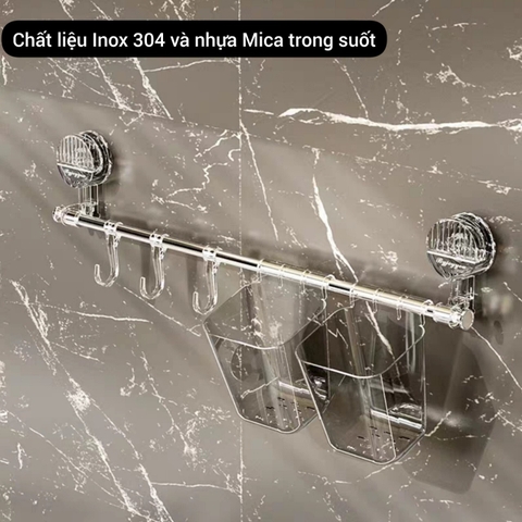 Thanh treo đồ hút tường có 2 hộp và 3 móc nhỏ