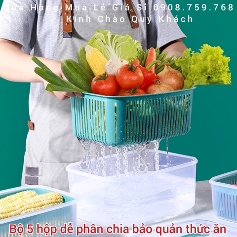 Hộp Nhựa Đựng Thực Phẩm Bộ 5 Món Kèm Rổ