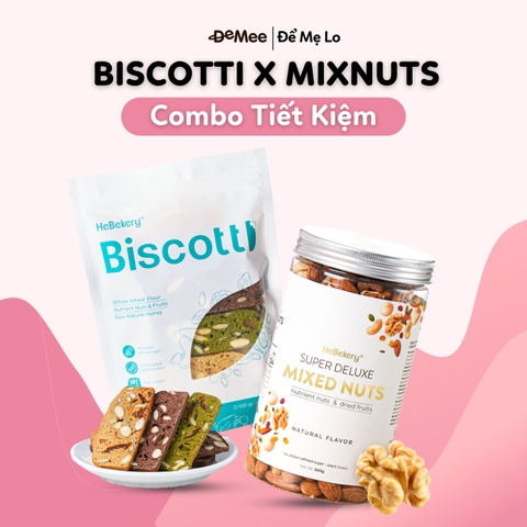 Combo Biscotti Mix 3 Vị Túi 250gr x Mix nuts 8 Loại Hạt Hũ 500gr Hebekery