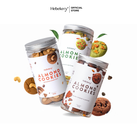 Combo 3 Hũ Cookies Hạnh Nhân Nguyên Cám HeBekery 3 Vị Dark Choco Mango Matcha Cashew Cafe 750gr