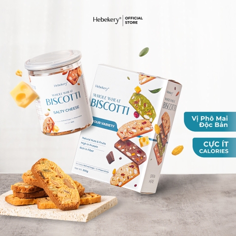 Hộp 300gr Biscotti Ăn Kiêng Nguyên Cám Low Calories 4 Vị Hebekery - Bánh Ngũ Cốc Nướng Dinh Dưỡng Ăn Kiêng Lành Mạnh