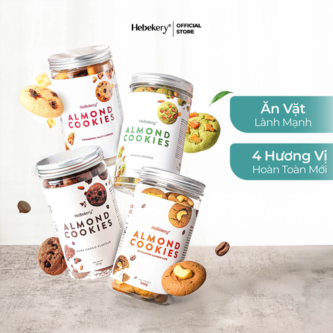 Combo 4 Hũ Cookies Hạnh Nhân Nguyên Cám HeBekery 3 Vị Dark Choco, Mango Matcha, Cà Phê Điều, Cranberry Cheese