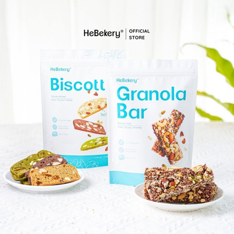 Combo 250gr Bánh Ăn Vặt Biscotti Nguyên Cám Không Đường + 200gr Thanh Ngũ Cốc Gạo Lứt Ăn Kiêng Hebekery